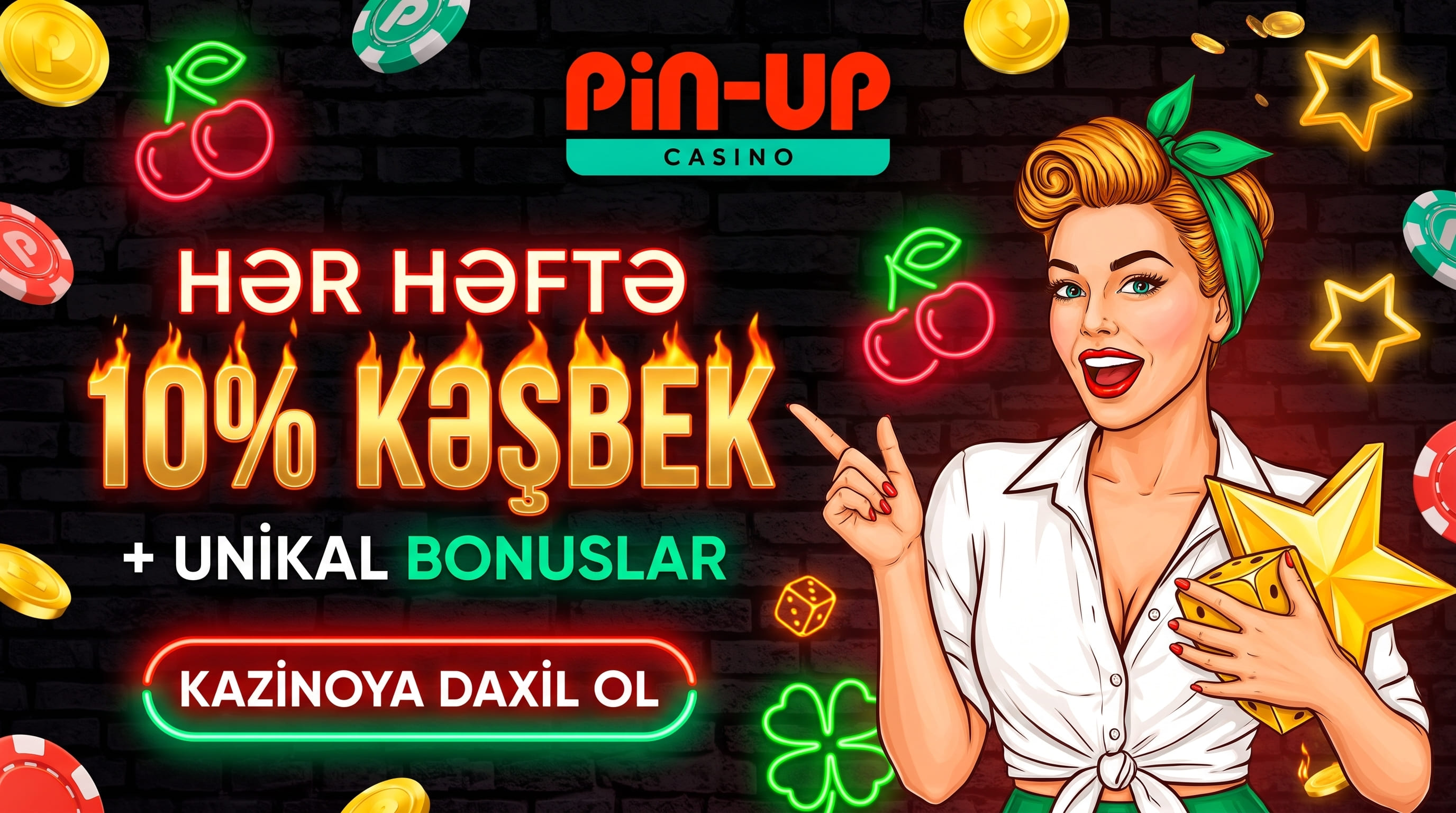 Yaşıl yaylıqlı qadın qızıl ulduz tutur; hər həftə 10% keşbek və unikal bonuslar yazısı qara kərpic fonda