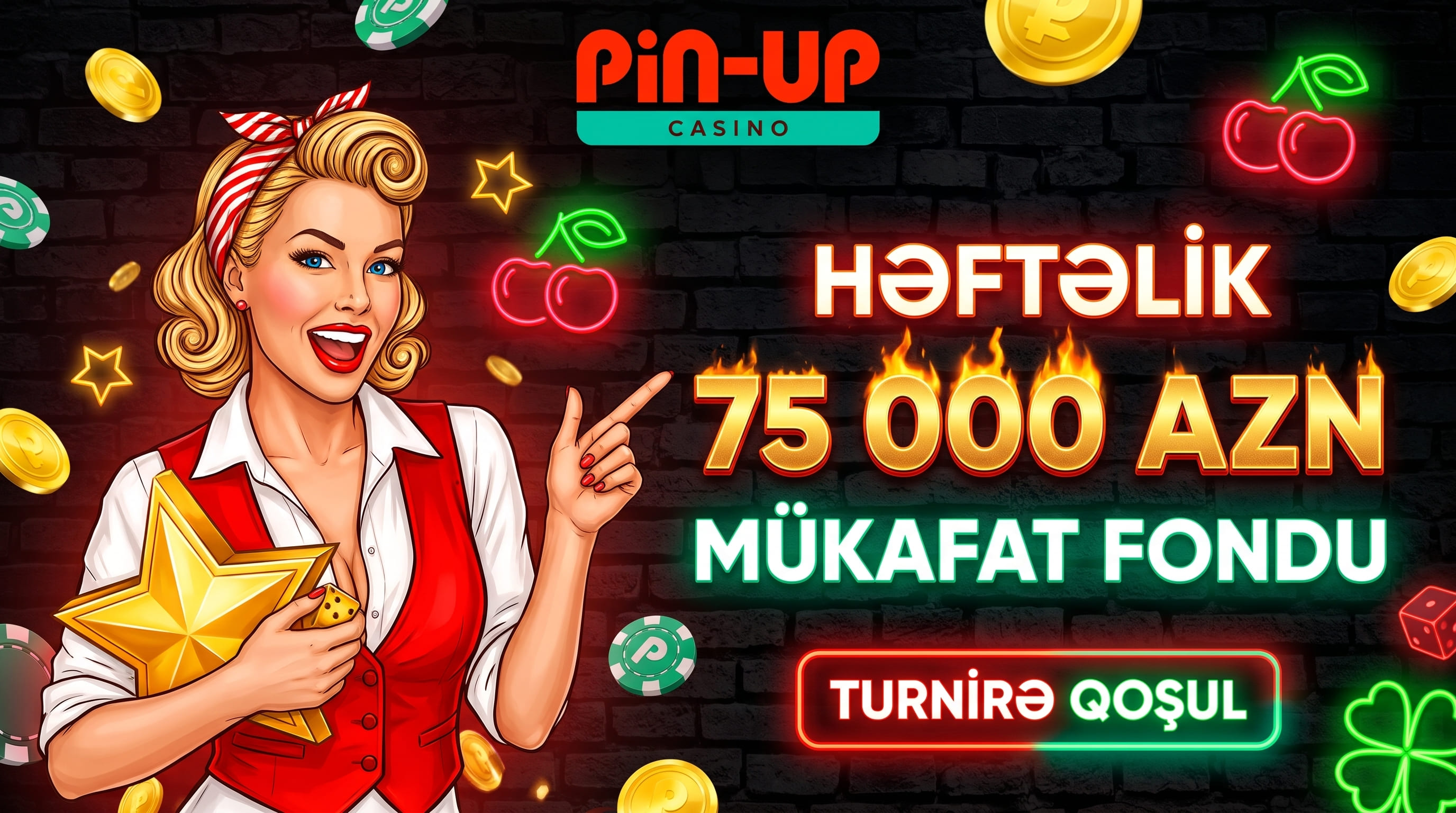 Qırmızı jiletli qadın qızıl ulduz tutur; həftəlik 75 000 AZN mükafat fondu və turnirə qoşulma yazısı